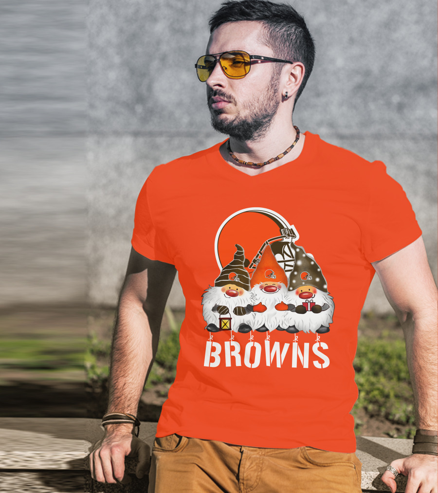 Cleveland Browns Merry Christmas Happy Holidays With Gnome Trio And Football Helmets T-Shirt