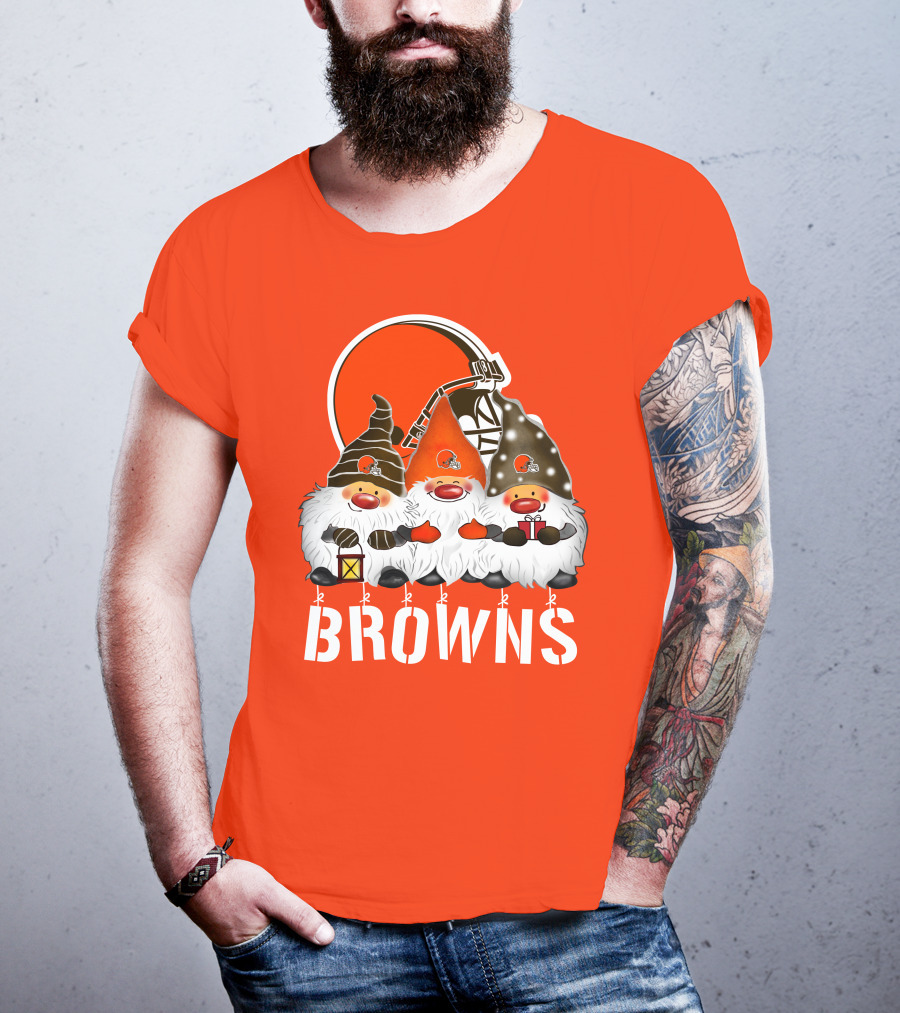 Cleveland Browns Merry Christmas Happy Holidays With Gnome Trio And Football Helmets T-Shirt
