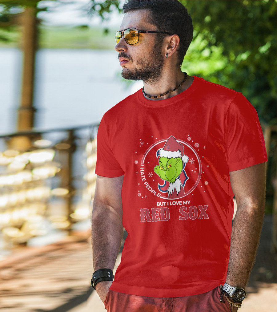 Christmas Grinch Santa I Hate People But I Love My Red Sox T-Shirt