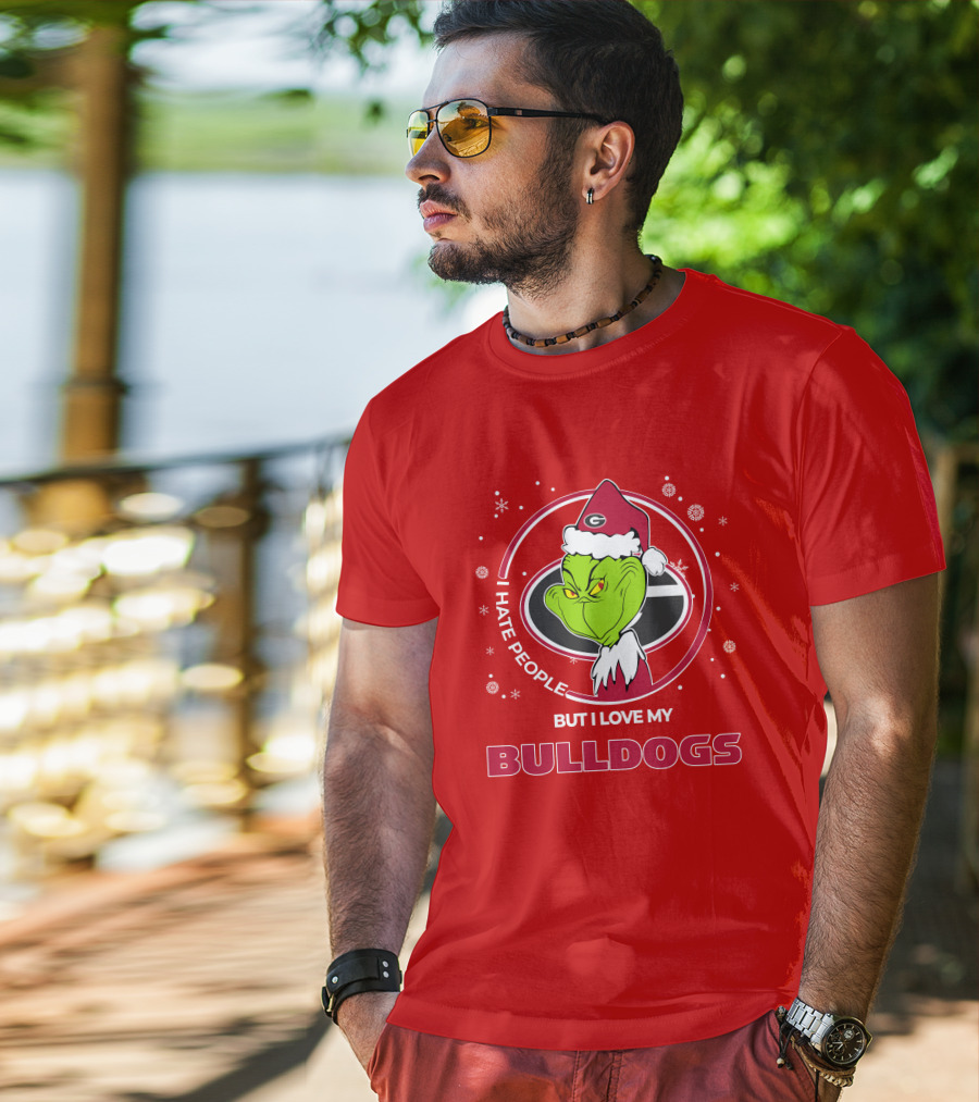 Christmas Grinch Santa I Hate People But I Love My Bulldogs Georgia T-Shirt