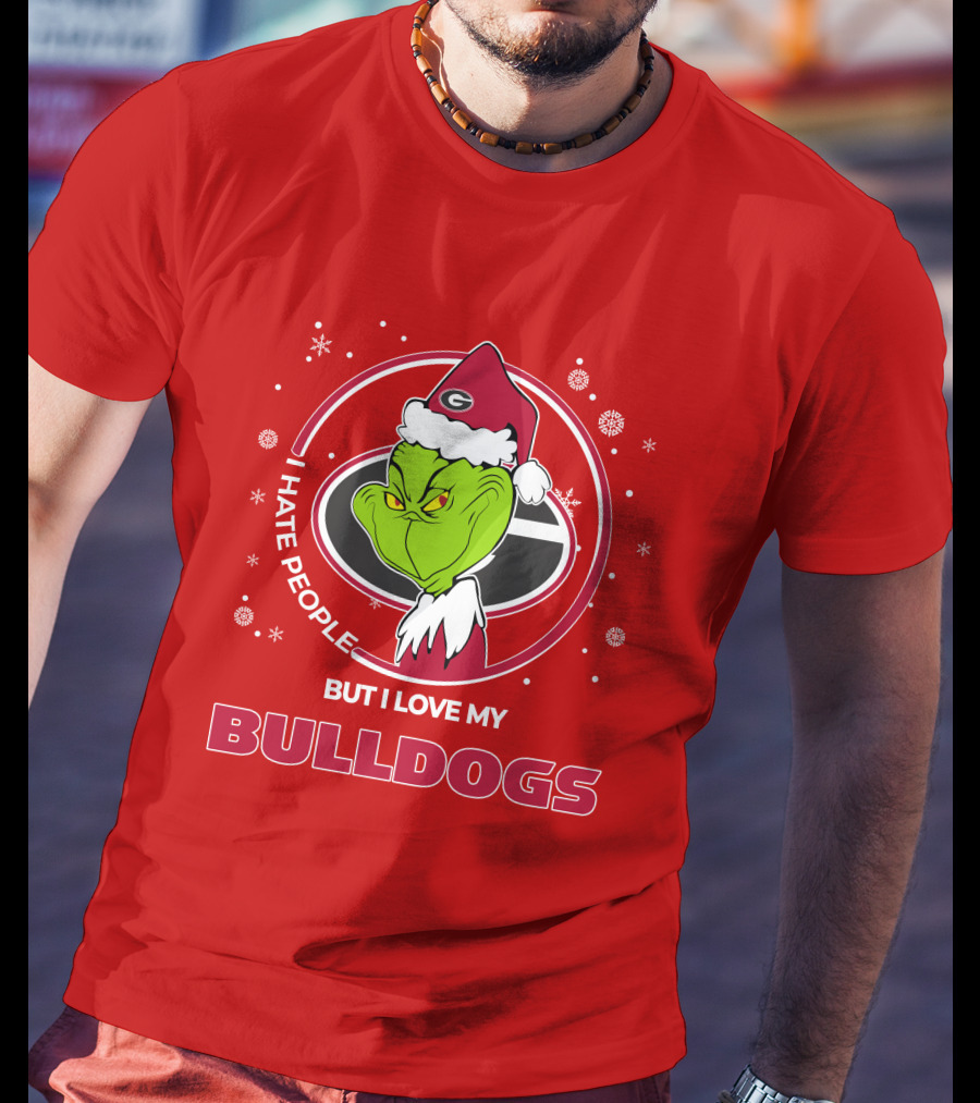 Christmas Grinch Santa I Hate People But I Love My Bulldogs Georgia T-Shirt