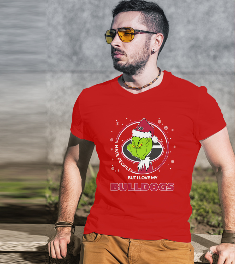 Christmas Grinch Santa I Hate People But I Love My Bulldogs Georgia T-Shirt