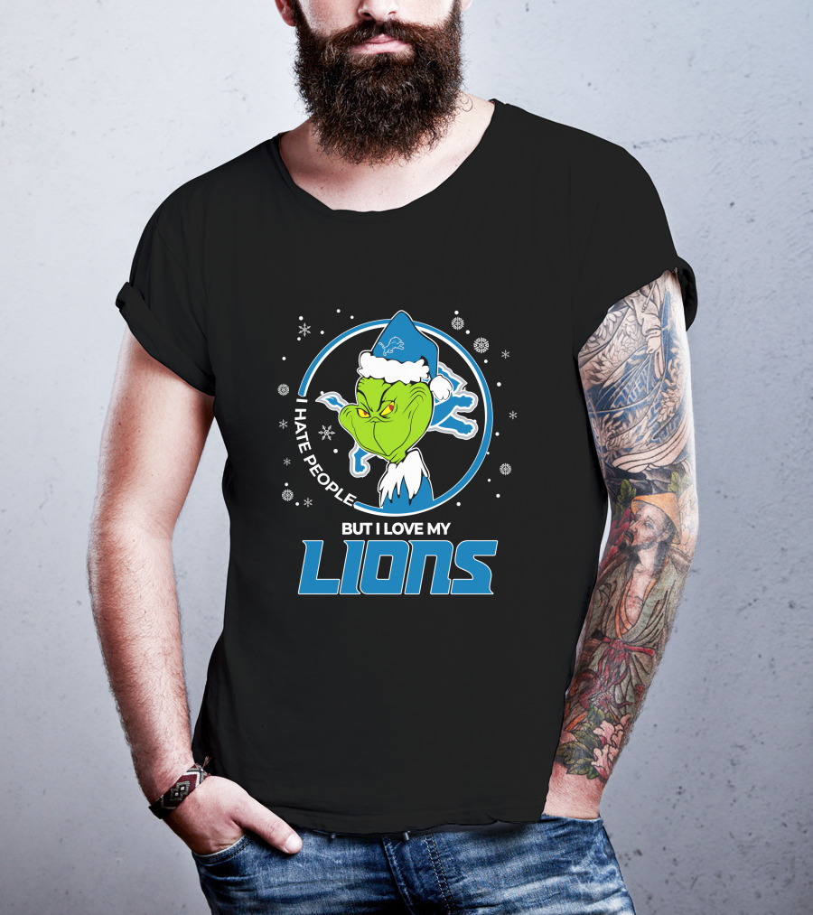 I Hate People But I Love My Detroit Lions Grinch Santa Christmas T-Shirt