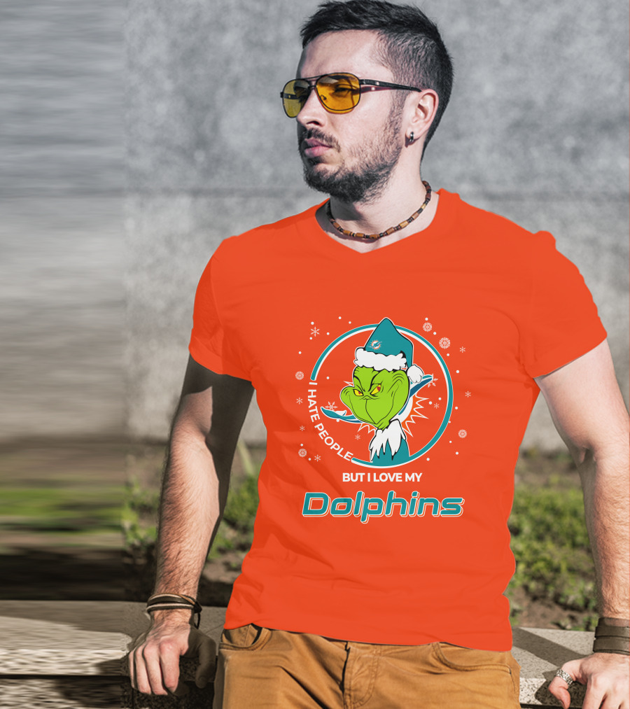 Christmas Grinch Santa I Hate People But I Love My Dolphins Miami Dolphins T-Shirt