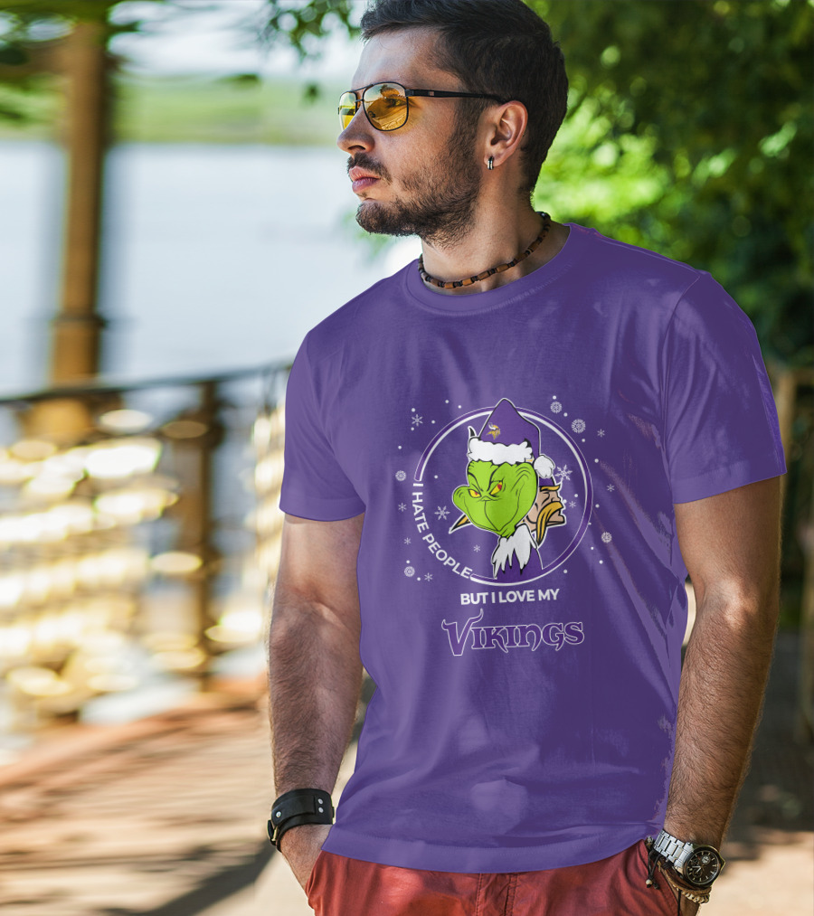 Christmas Grinch Santa I Hate People But I Love My Vikings T-Shirt