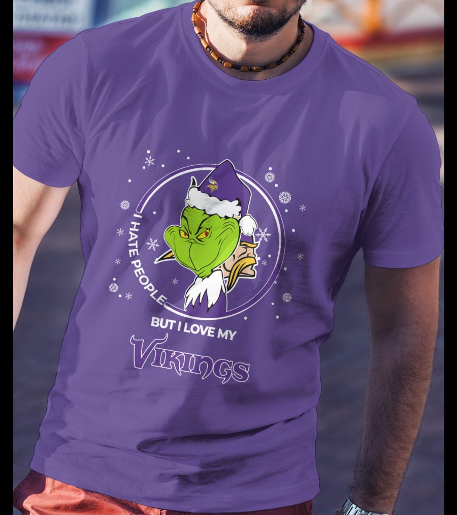 Christmas Grinch Santa I Hate People But I Love My Vikings T-Shirt