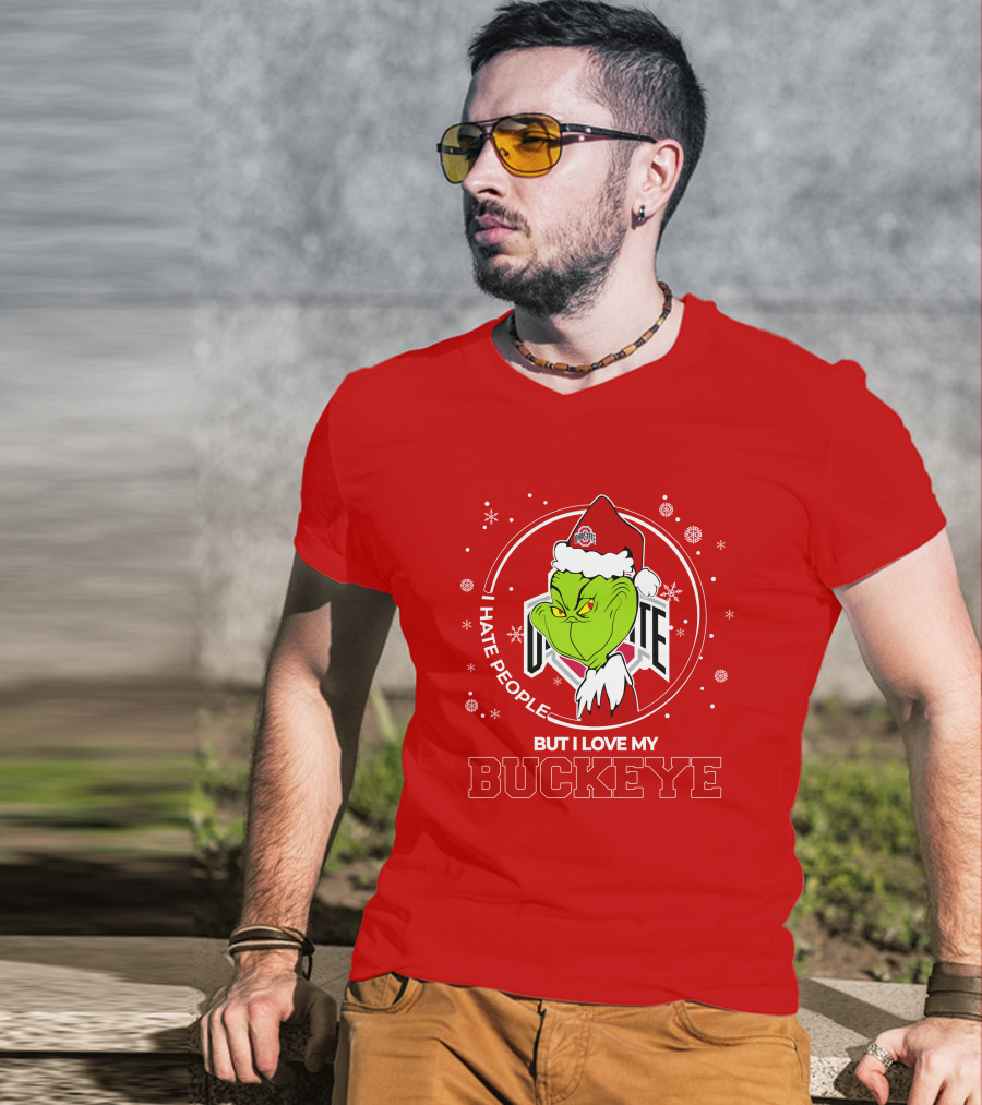 Christmas Grinch Santa I Hate People But I Love My Buckeye Ohio State T-Shirt