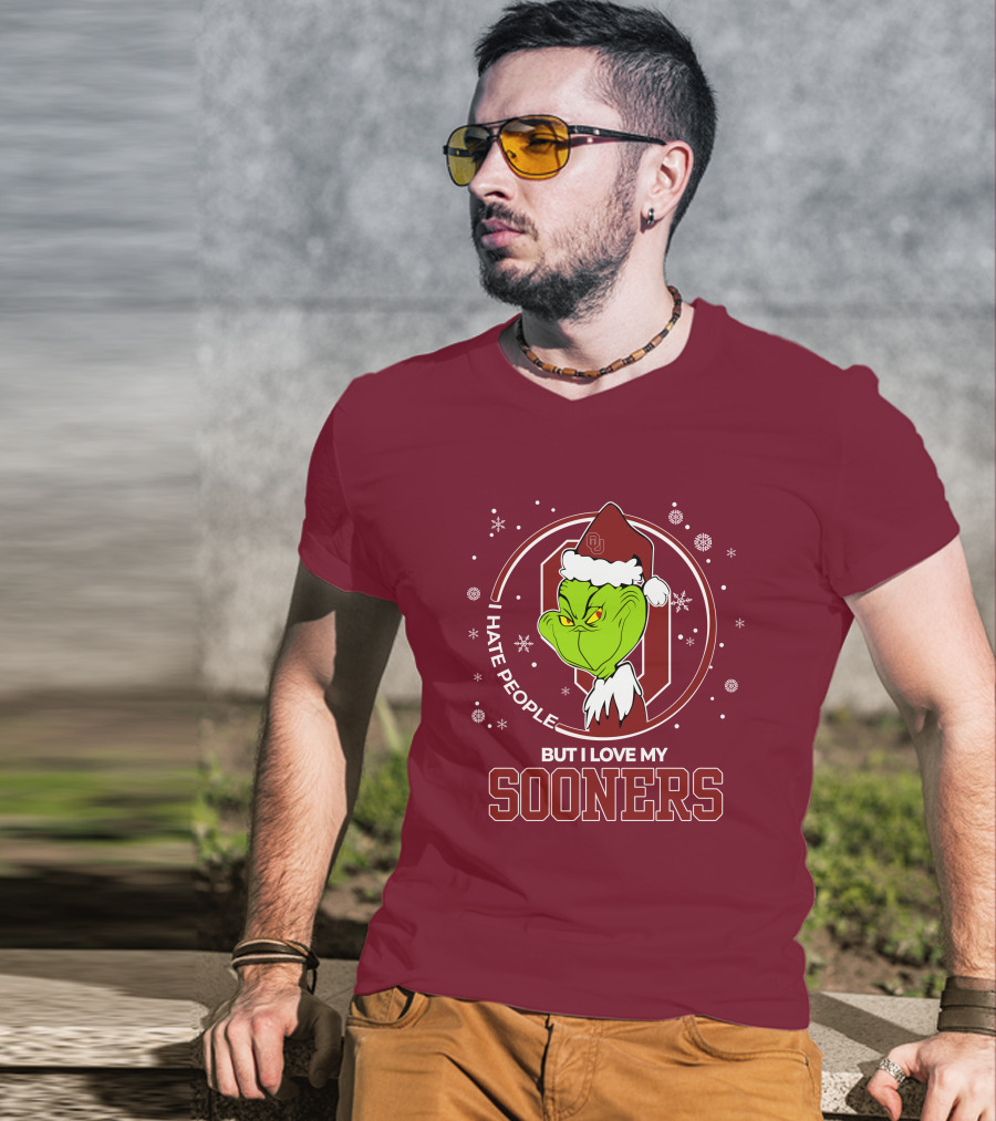 I Hate People But I Love My Sooners Grinch Christmas Santa T-Shirt