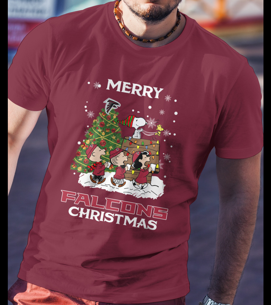 Merry Falcons Christmas Peanuts Tree Atlanta Snowflakes T-Shirt