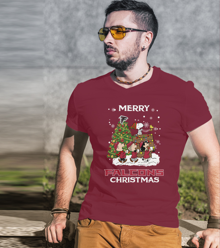 Merry Falcons Christmas Peanuts Tree Atlanta Snowflakes T-Shirt