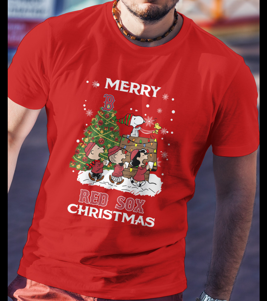 Merry Red Sox Christmas Tree With Snoopy And Friends T-Shirt