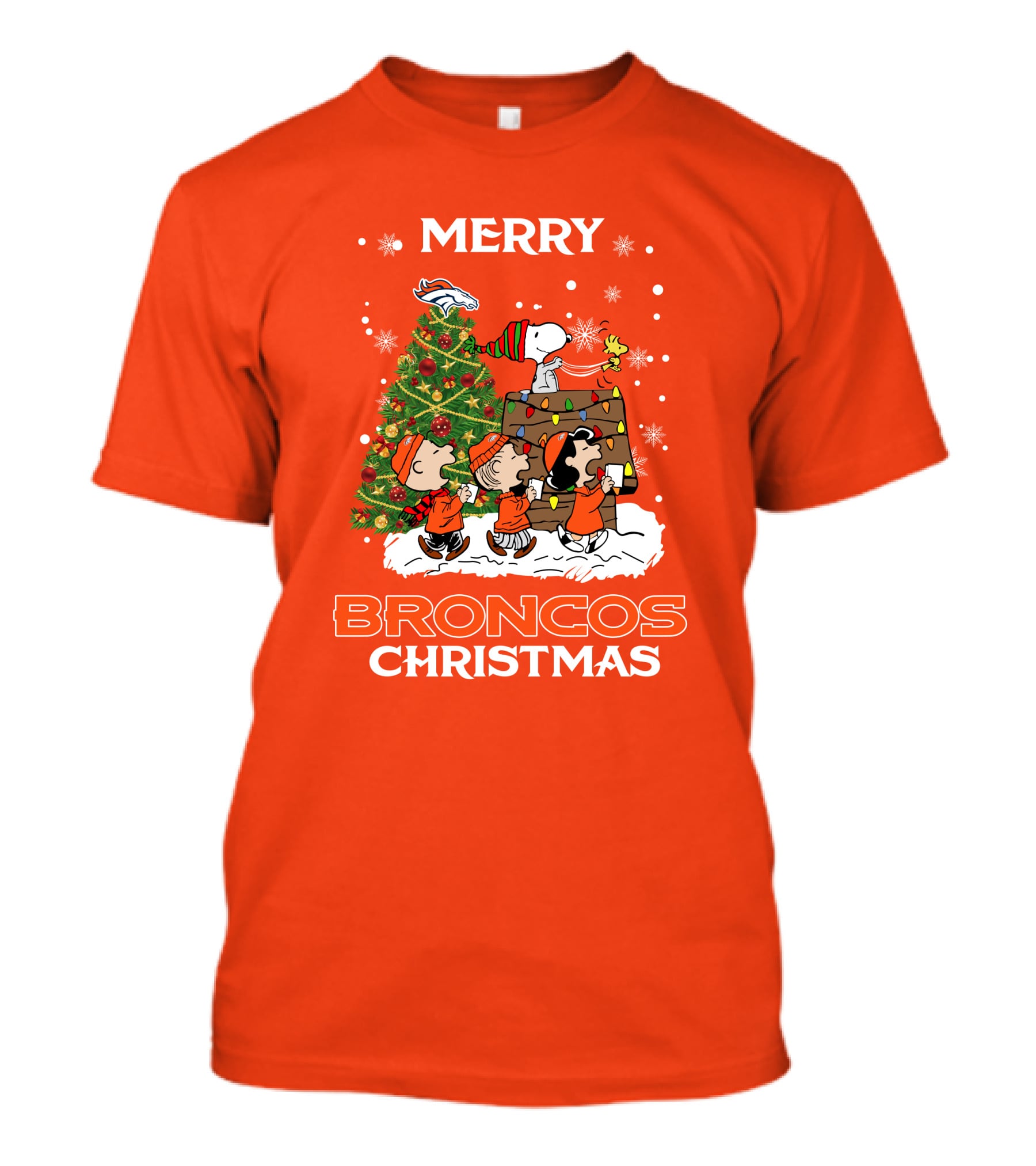 Merry Broncos Christmas Peanuts Tree Theme T-Shirt