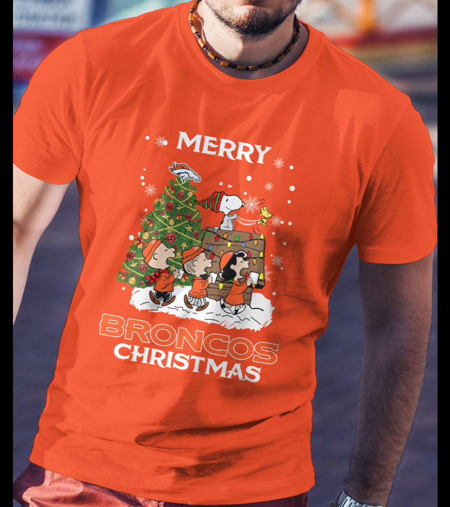 Merry Broncos Christmas Peanuts Tree Theme T-Shirt