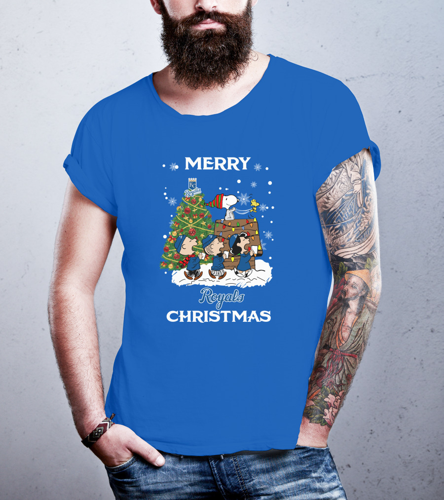 Kansas City Royals Merry Christmas Tree With Snoopy And Peanuts Characters T-Shirt