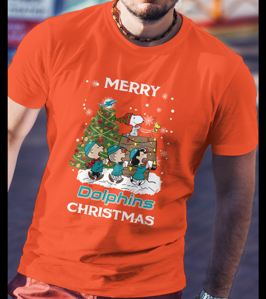 Merry Dolphins Christmas Peanuts Characters With Tree Miami T-Shirt