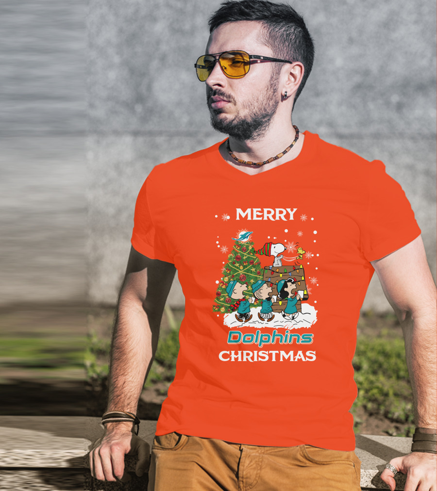 Merry Dolphins Christmas Peanuts Characters With Tree Miami T-Shirt