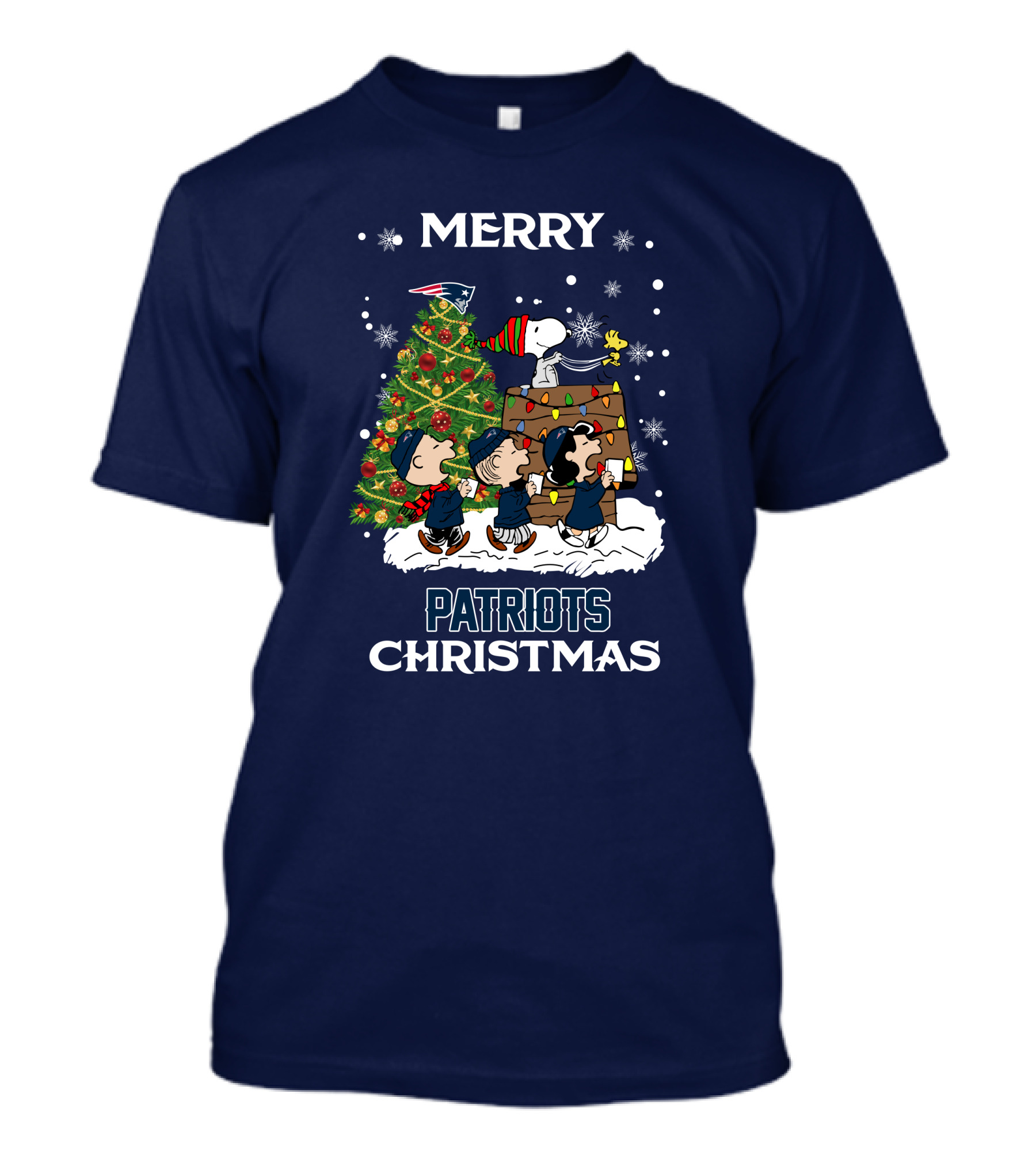 Merry New England Patriots Christmas With Peanuts Characters And Tree T-Shirt