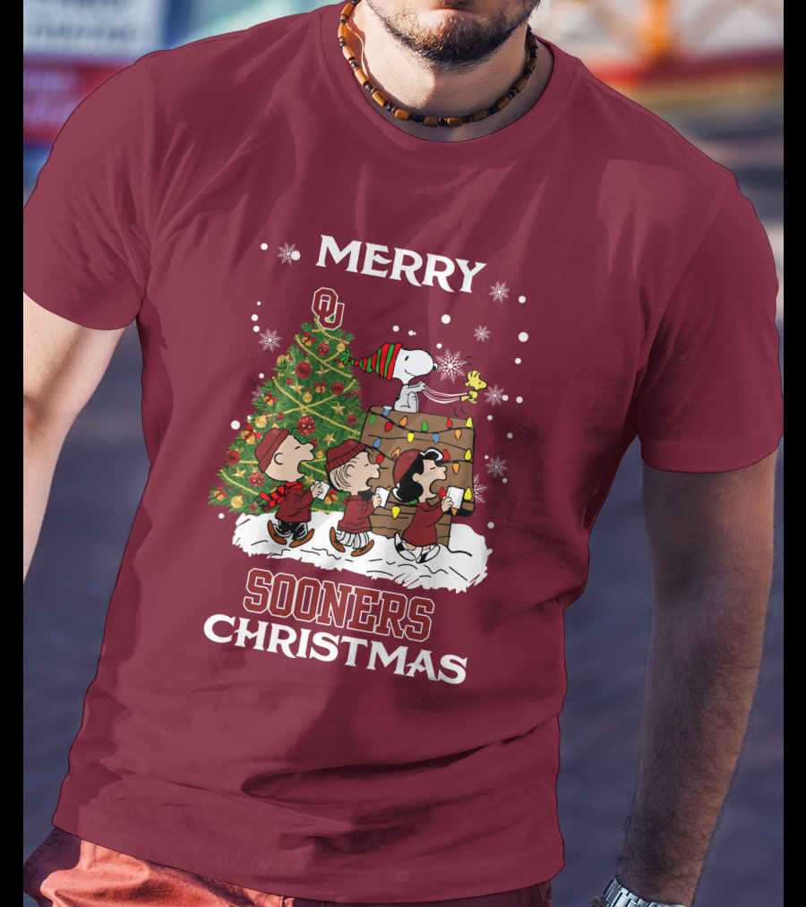 Merry Christmas Snoopy Oklahoma Sooners Christmas Tree Peanuts T-Shirt