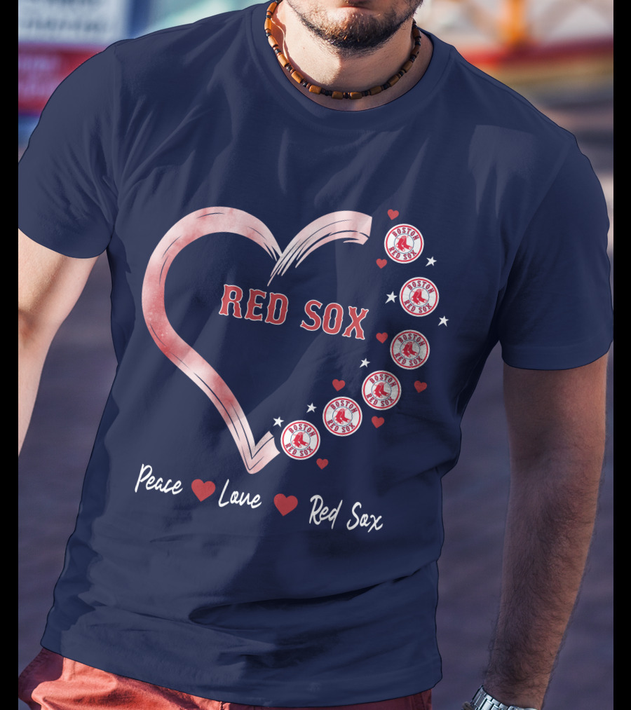 Peace Love Red Sox Heart With Boston Red Sox Logos And Stars T-Shirt