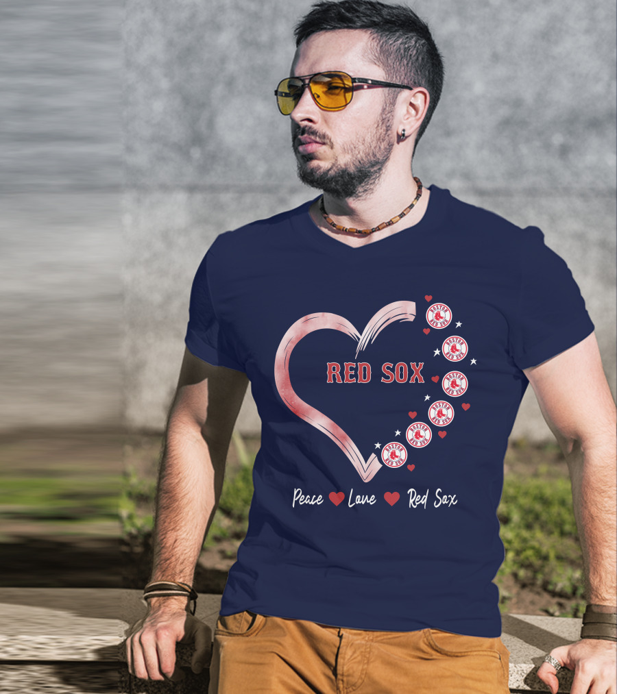 Peace Love Red Sox Heart With Boston Red Sox Logos And Stars T-Shirt