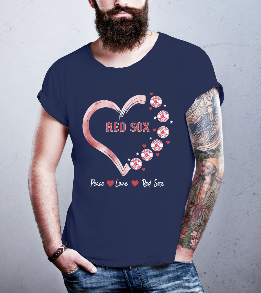 Peace Love Red Sox Heart With Boston Red Sox Logos And Stars T-Shirt