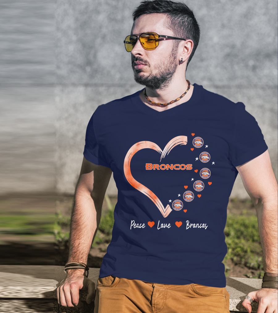 Peace Love Broncos Heart With Denver Broncos Logos And Stars T-Shirt