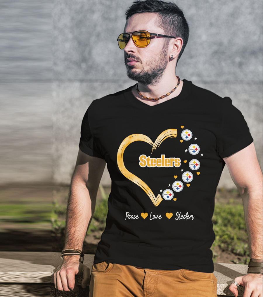 Peace Love Steelers Heart Filled With Pittsburgh Steelers Logos And Stars T-Shirt