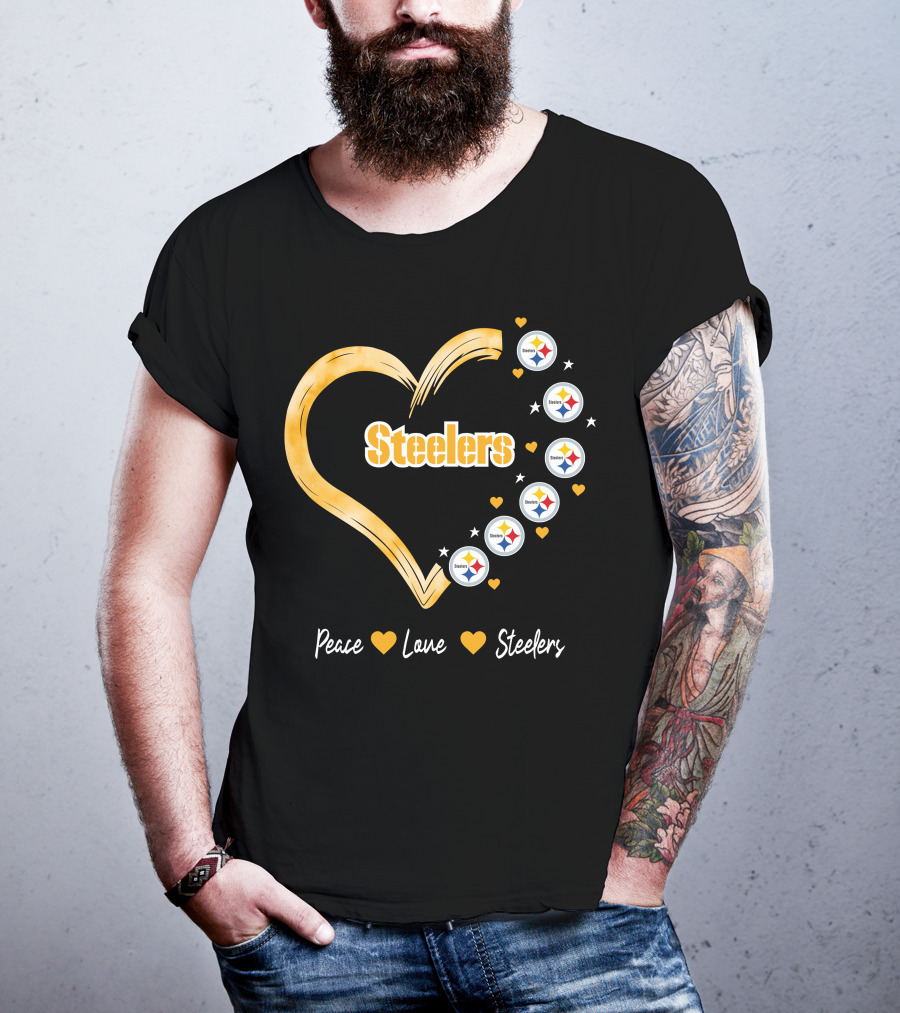 Peace Love Steelers Heart Filled With Pittsburgh Steelers Logos And Stars T-Shirt