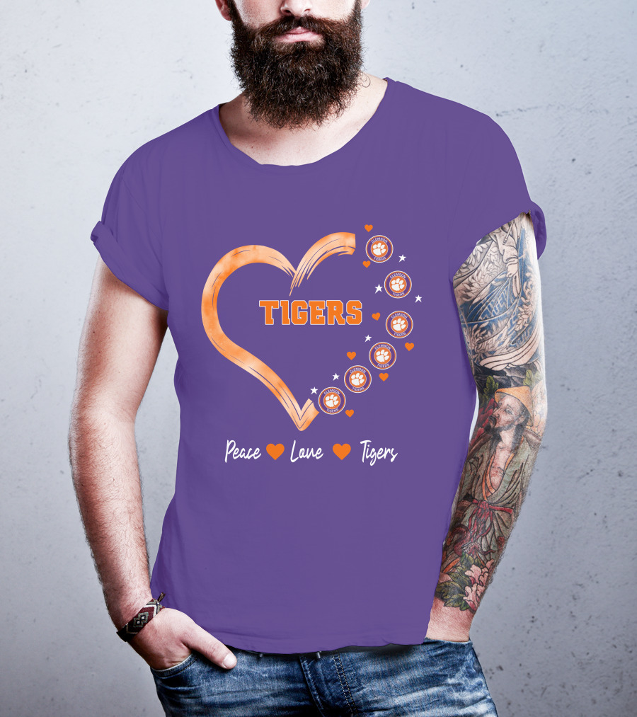 Peace Love Clemson Football Tigers Heart Paw Prints T-Shirt