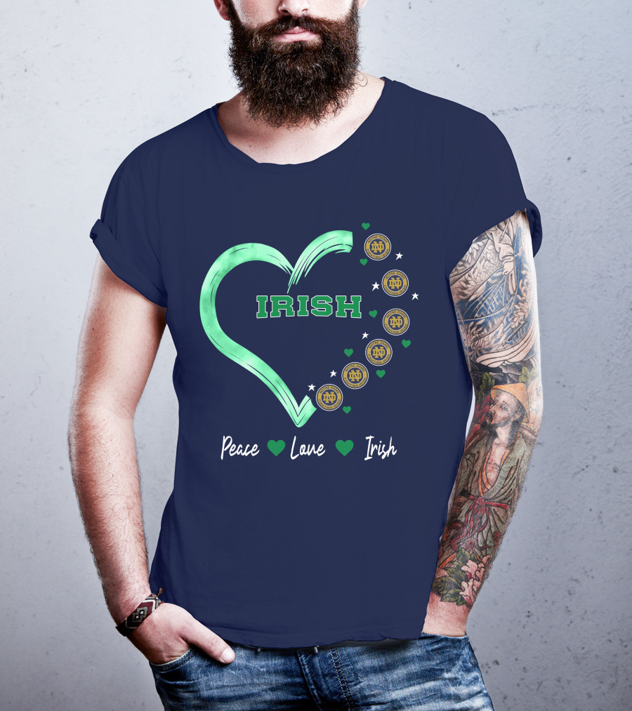 Peace Love Irish Notre Dame Fighting Irish Logos And Heart T-Shirt