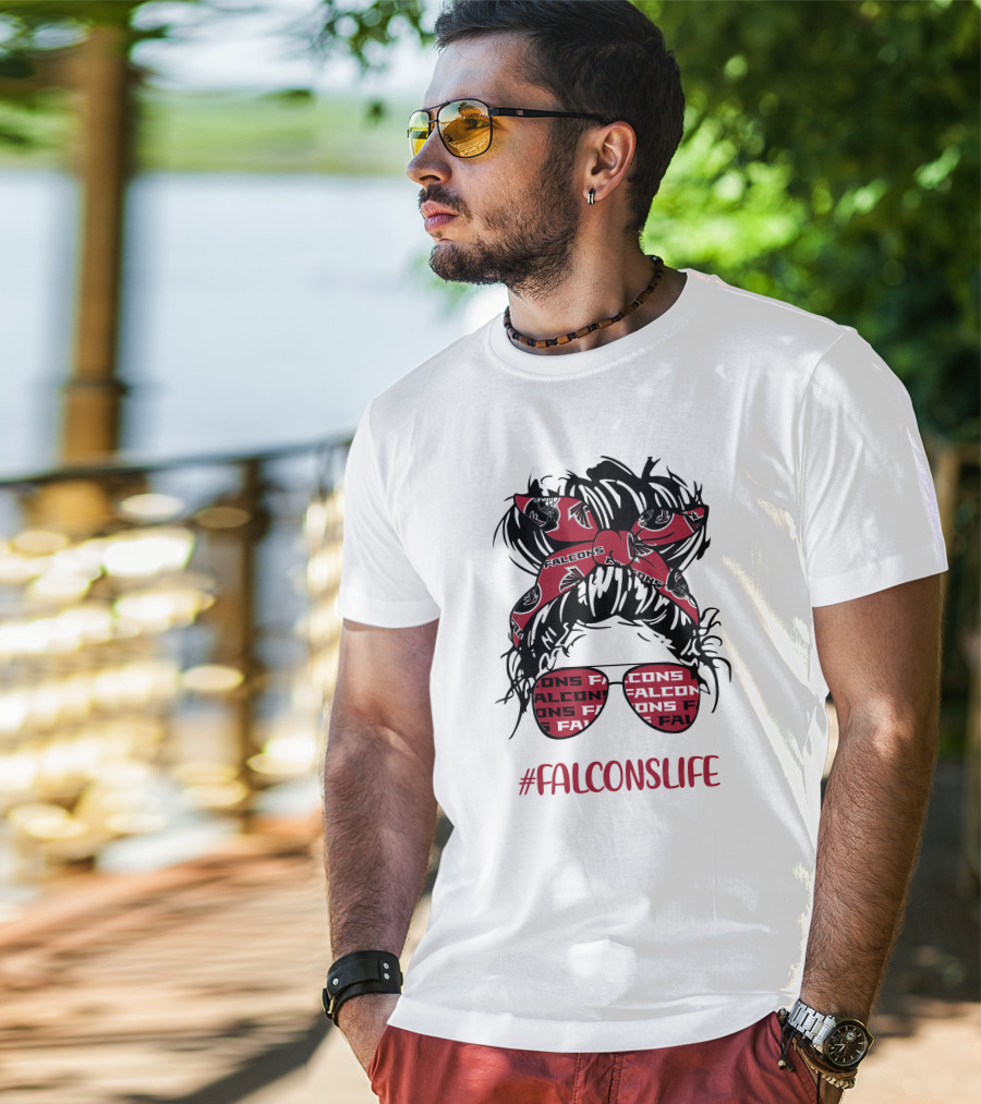 Atlanta Falcons Life Messy Bun Girl With Falcon Headband Glasses T-Shirt