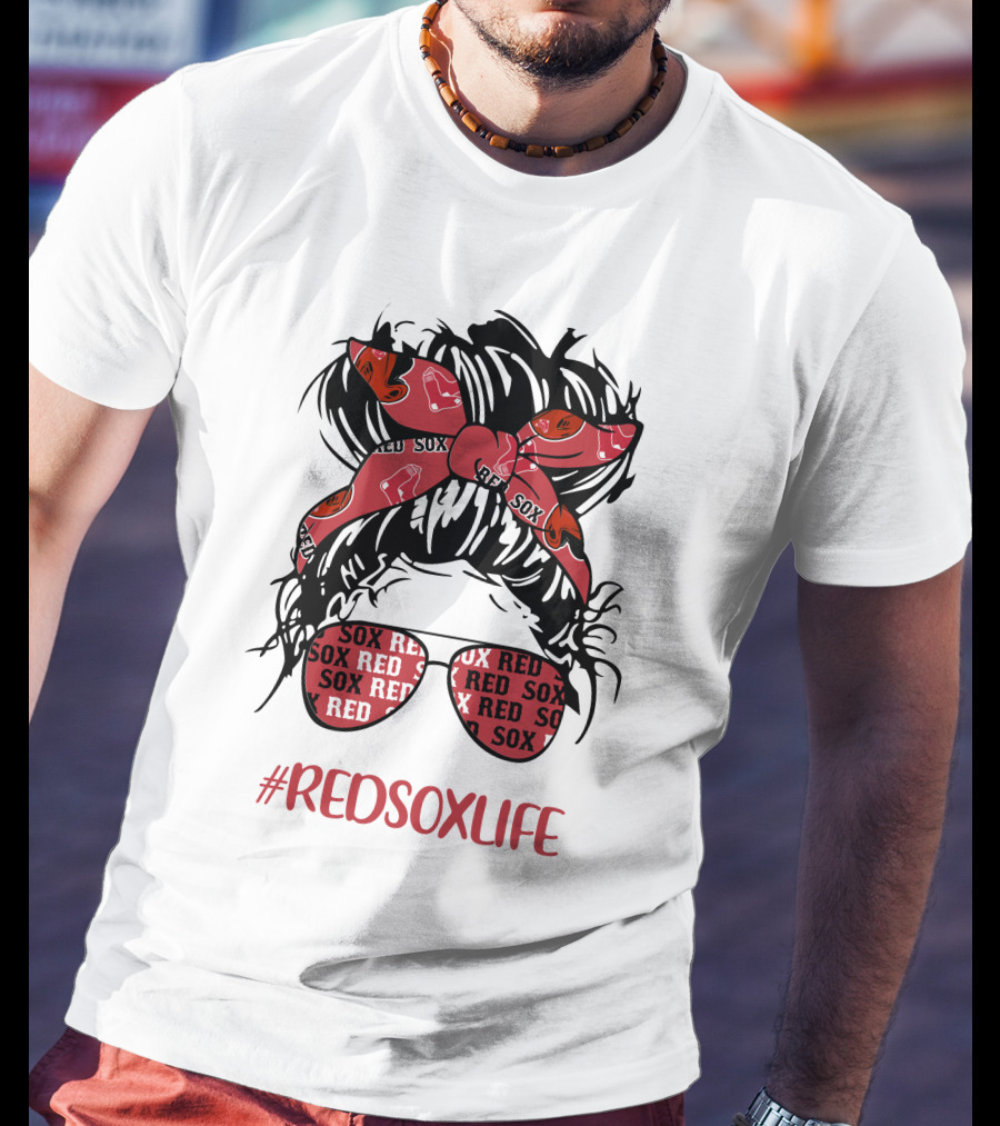 Boston Red Sox Messy Bun Girl With Headband Glasses #Redsoxlife T-Shirt