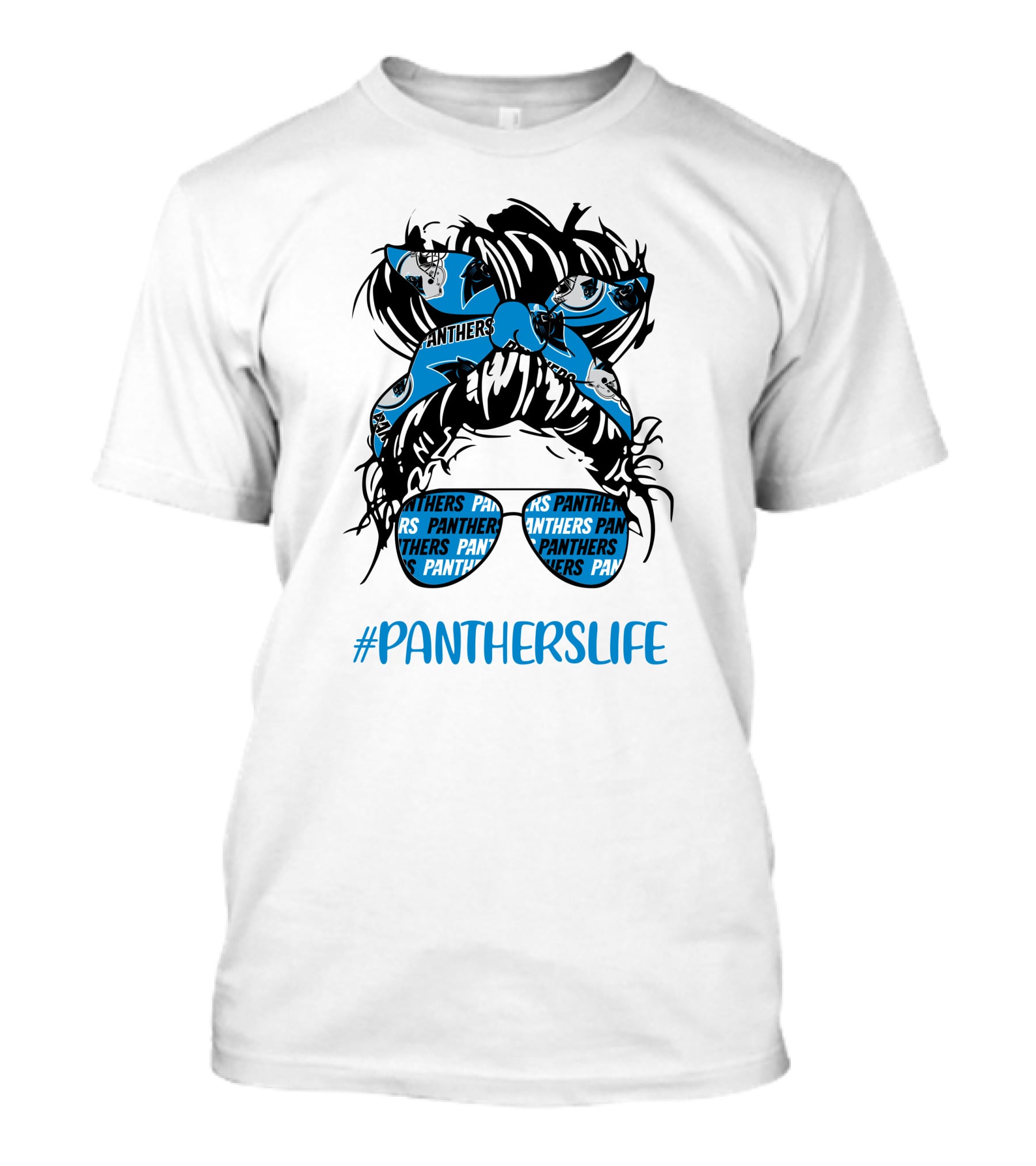 PanthersLife Messy Bun Girl With Panthers Headband And Glasses T-Shirt