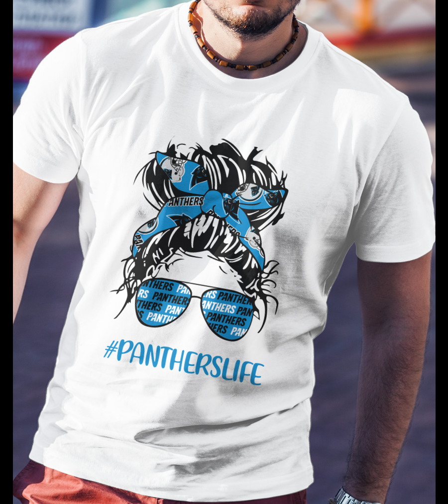 PanthersLife Messy Bun Girl With Panthers Headband And Glasses T-Shirt