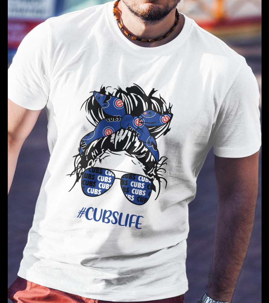 Chicago Cubs Messy Bun Girl Headband Glasses #CUBSLIFE T-Shirt