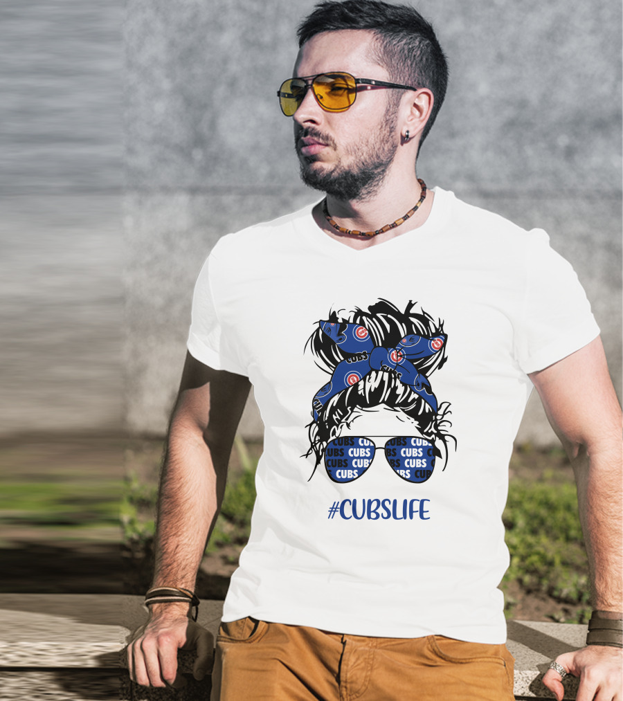Chicago Cubs Messy Bun Girl Headband Glasses #CUBSLIFE T-Shirt