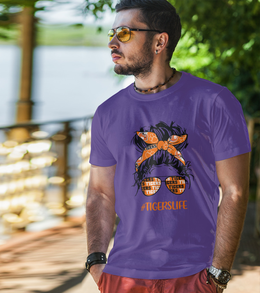 TigersLife Clemson Tigers Messy Bun Girl With Headband And Glasses T-Shirt