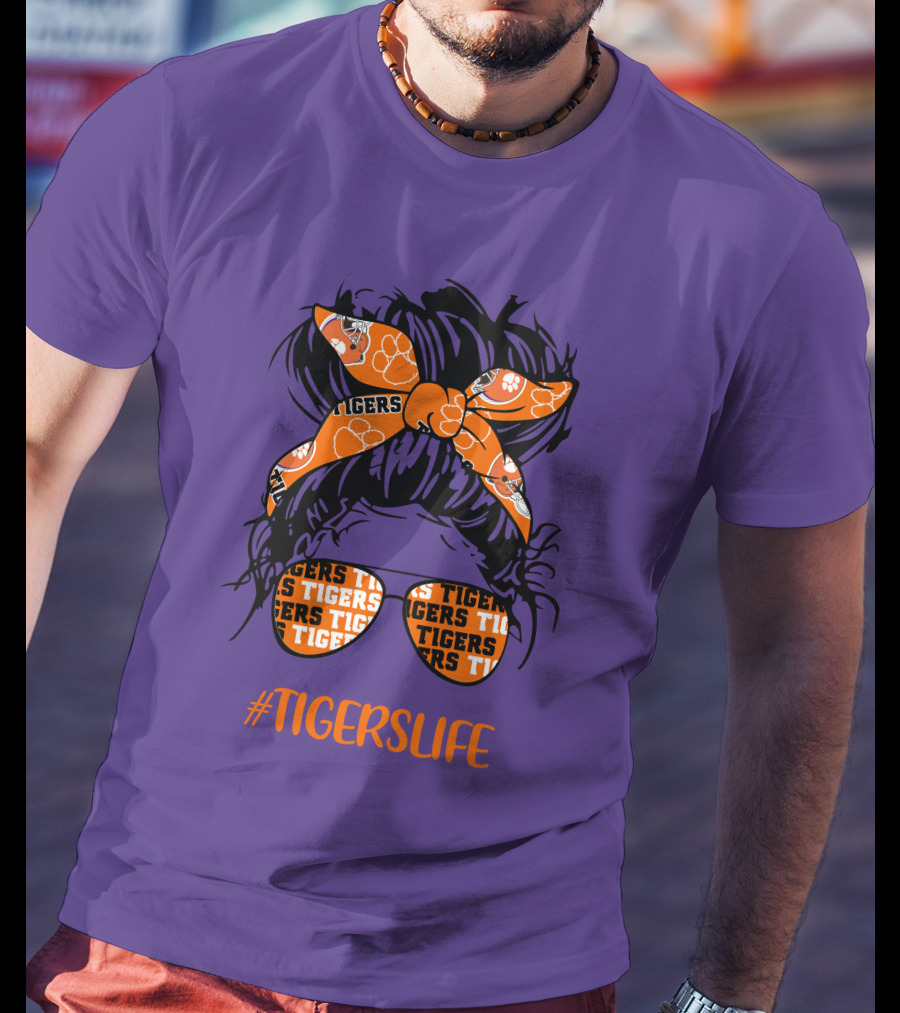 TigersLife Clemson Tigers Messy Bun Girl With Headband And Glasses T-Shirt