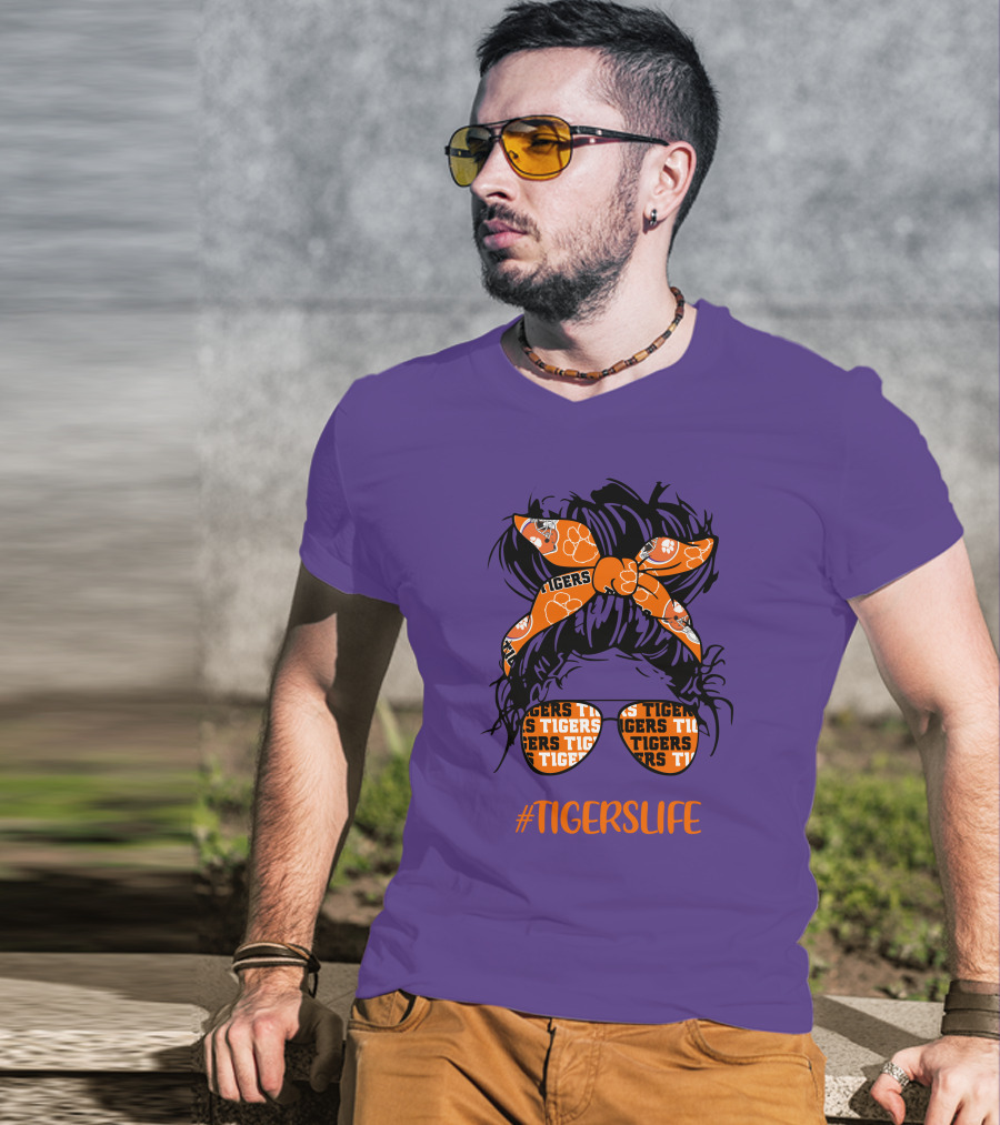 TigersLife Clemson Tigers Messy Bun Girl With Headband And Glasses T-Shirt