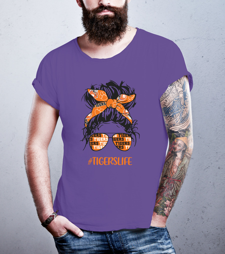 TigersLife Clemson Tigers Messy Bun Girl With Headband And Glasses T-Shirt