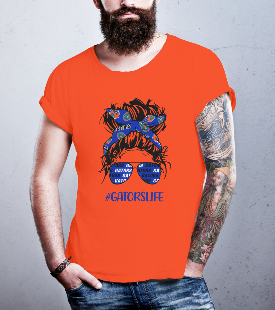 GATORS LIFE Messy Bun Girl With Gators Headband And Glasses T-Shirt