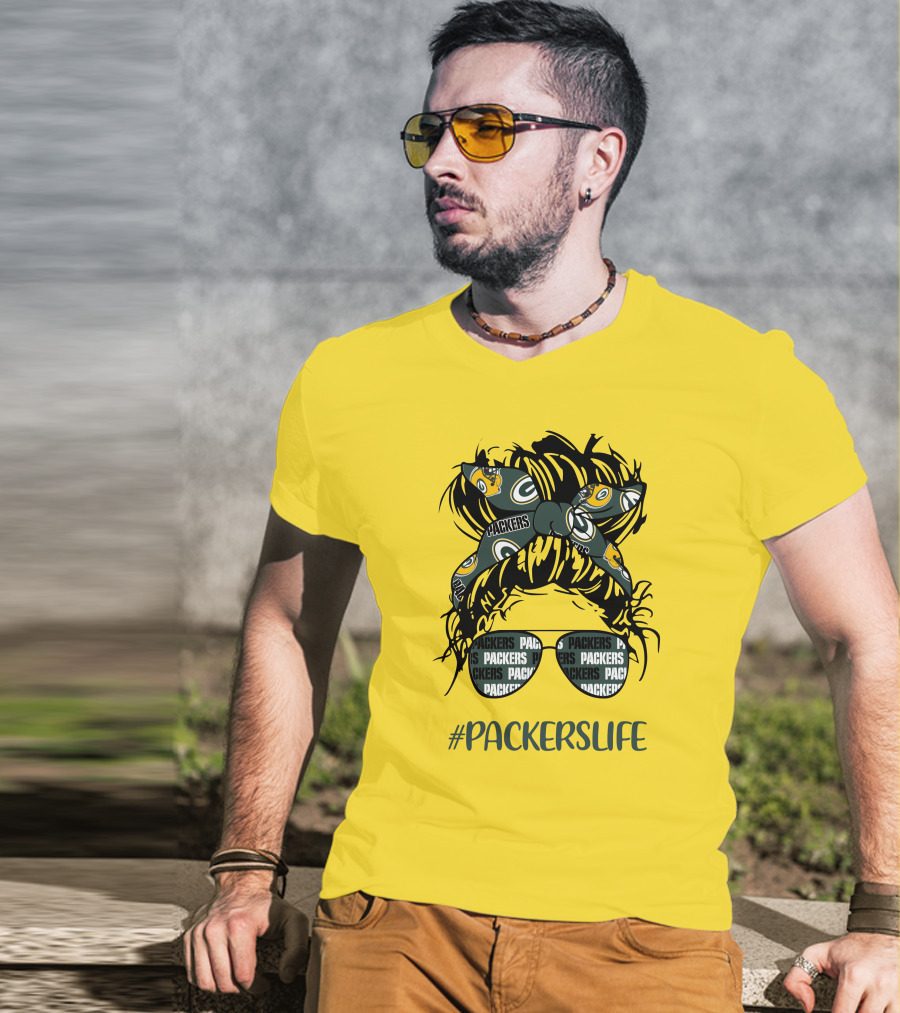 PACKERSLIFE Messy Bun Girl With Packers Headband And Glasses T-Shirt