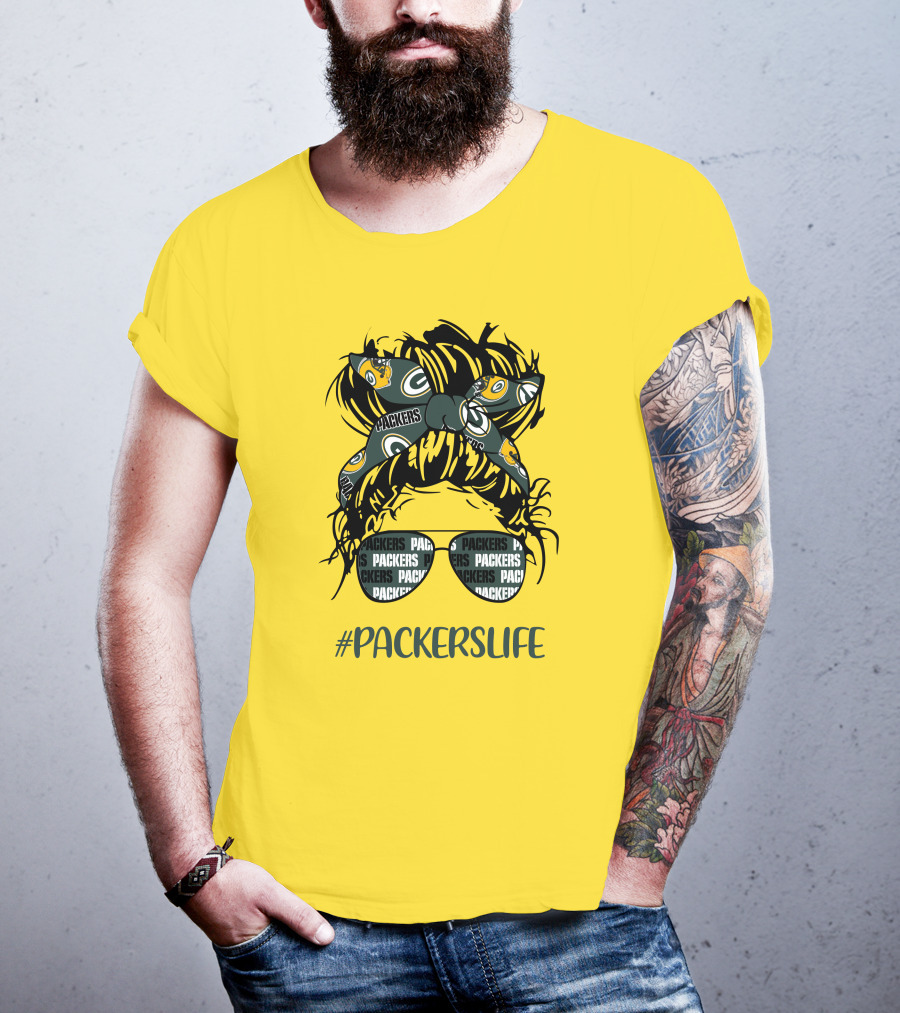 PACKERSLIFE Messy Bun Girl With Packers Headband And Glasses T-Shirt