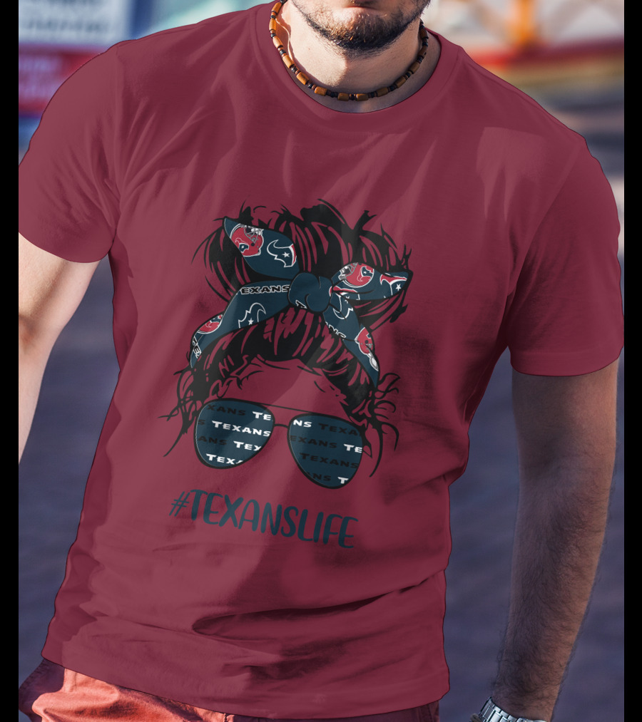 Houston Texans Hashtag Texanslife Messy Bun Headband Glasses T-Shirt