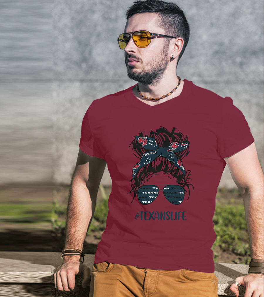Houston Texans Hashtag Texanslife Messy Bun Headband Glasses T-Shirt