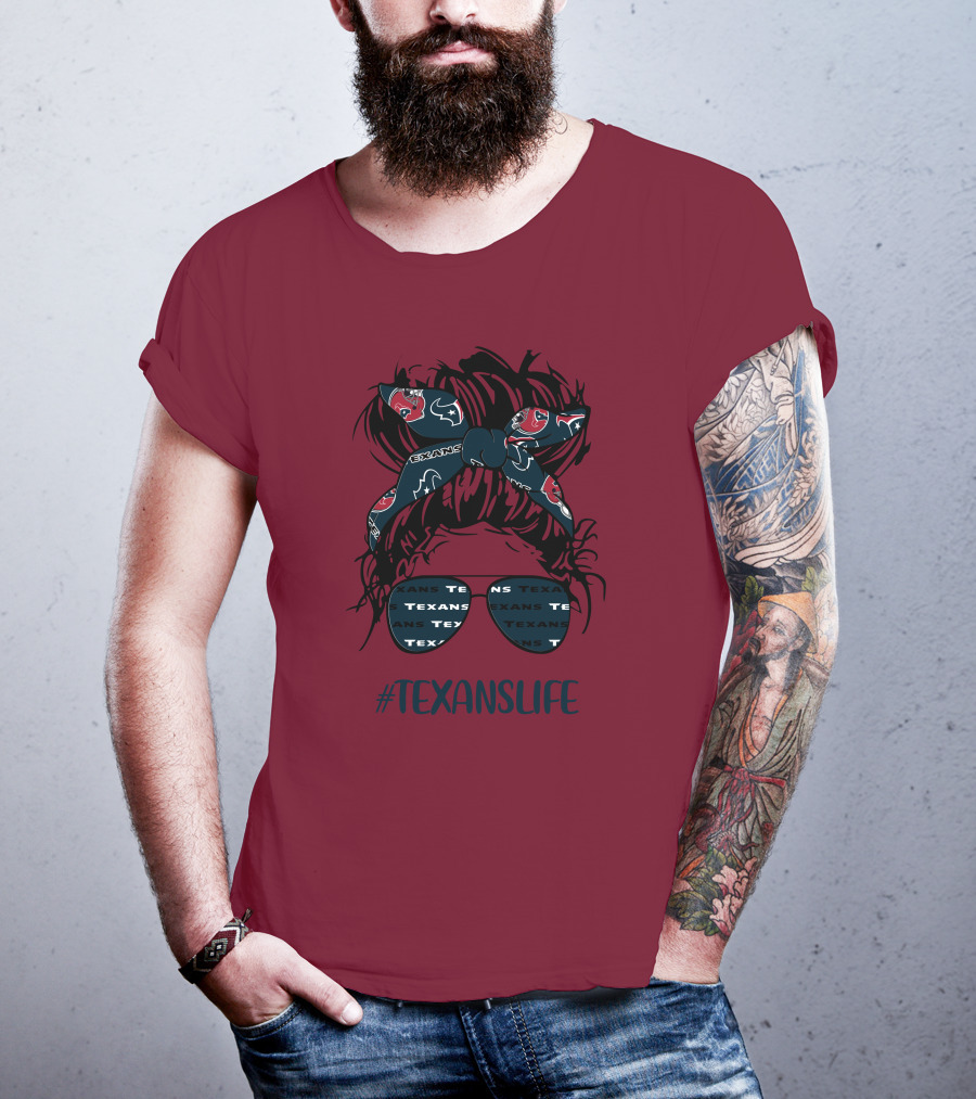 Houston Texans Hashtag Texanslife Messy Bun Headband Glasses T-Shirt