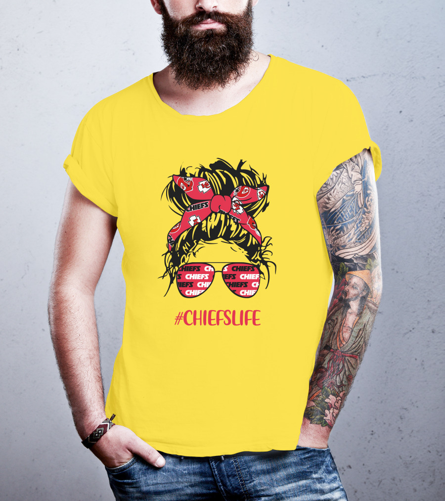 Kansas City Chiefs Life Messy Bun Girl With Chiefs Headband And CHIEFS Glasses T-Shirt