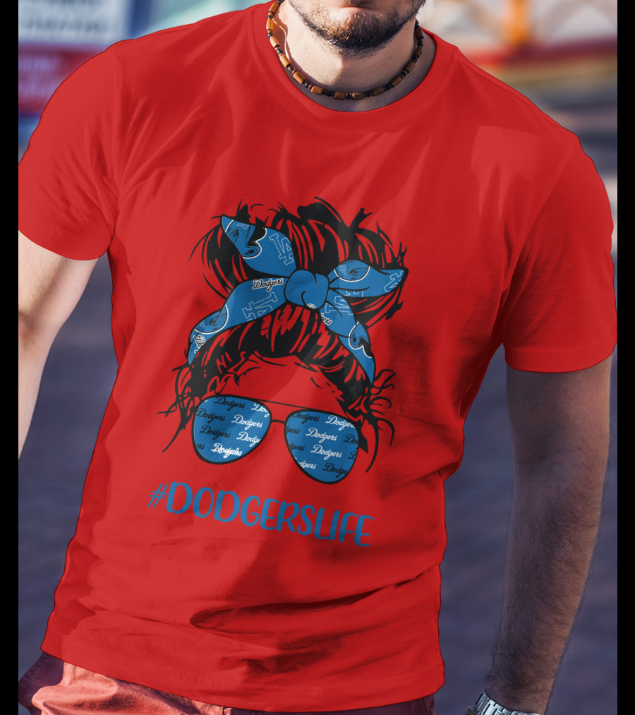 DODGERSLIFE Messy Bun Girl With Dodgers Headband And Glasses T-Shirt