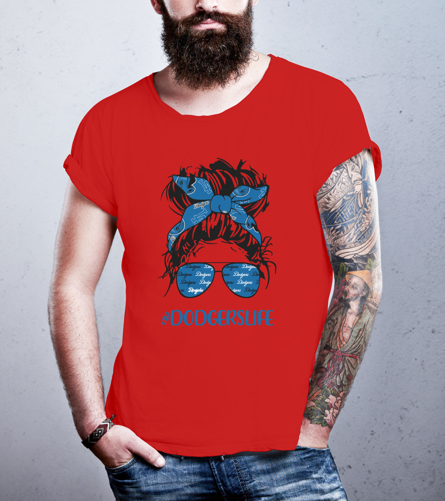 DODGERSLIFE Messy Bun Girl With Dodgers Headband And Glasses T-Shirt
