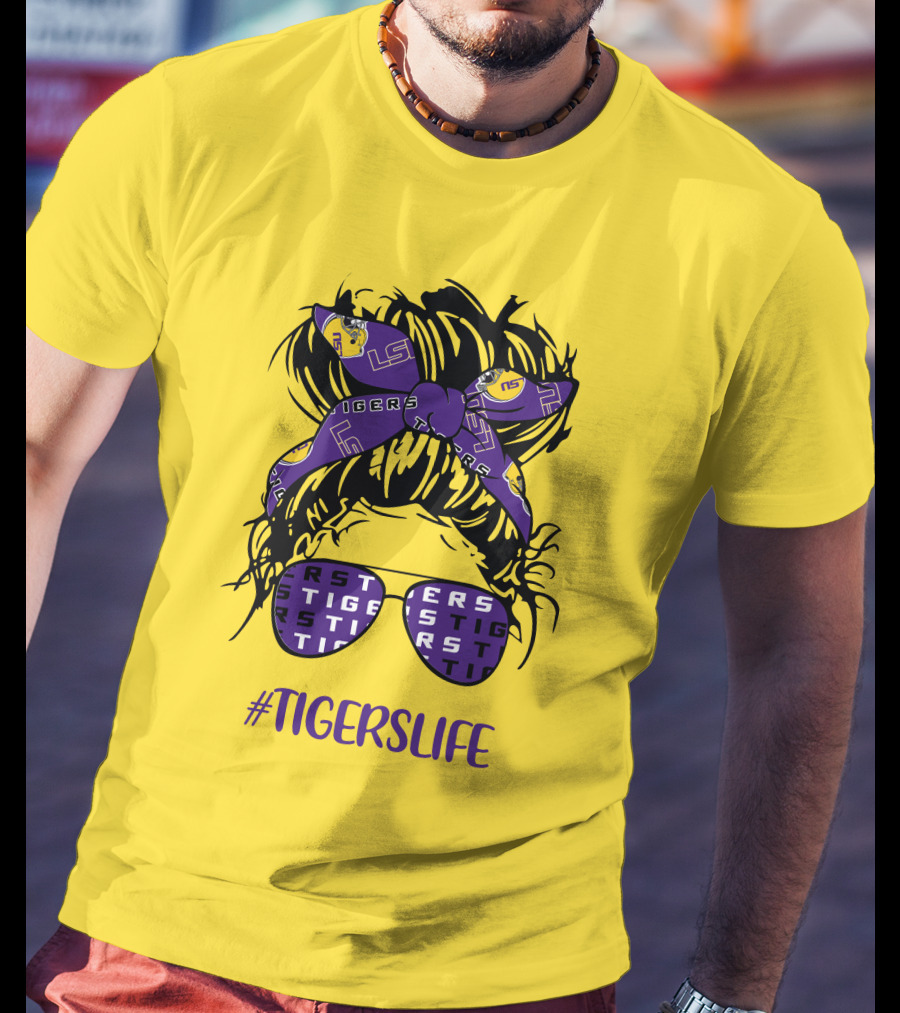 TIGERSLIFE LSU Messy Bun Girl Headband Glasses T-Shirt